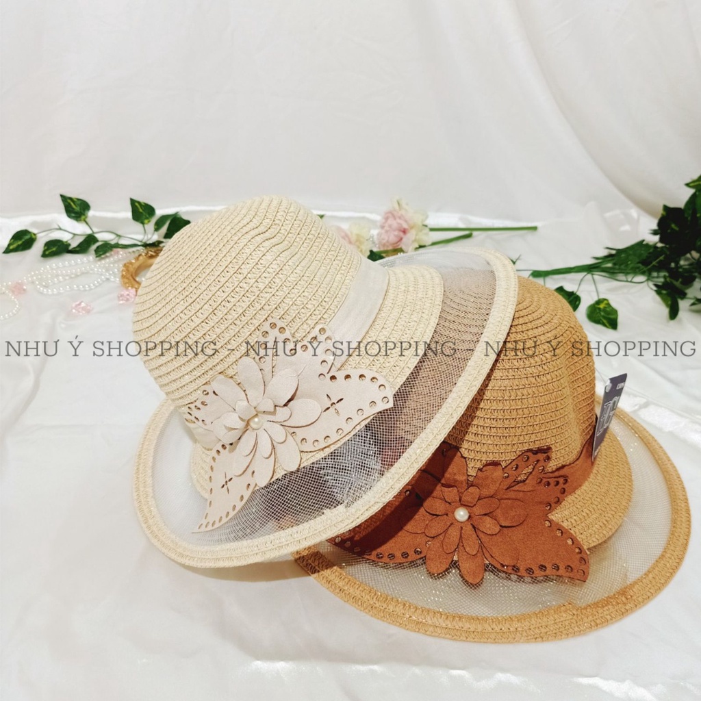 Nón cói,mũ cói nữ đi biển vành nhỏ phối lưới nơ hoa đính ngọc-q12 buom ngoc