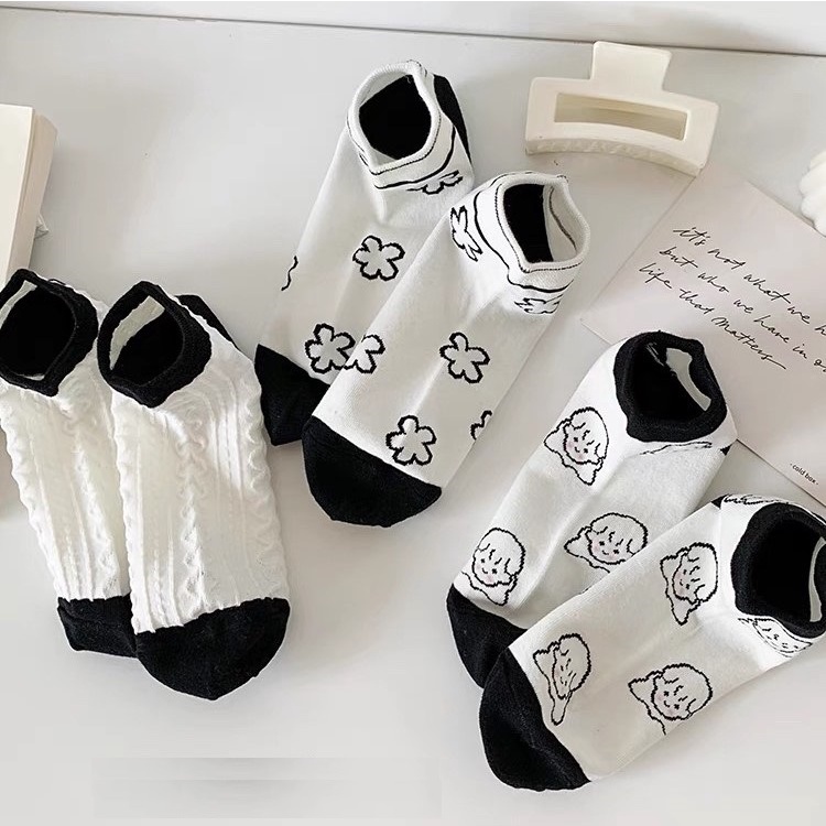 Tất nữ vớ cổ ngắn set 5 đôi nhiều màu họa tiết cute phong cách Hàn Quốc trẻ trung chất liệu co giãn thoáng mát