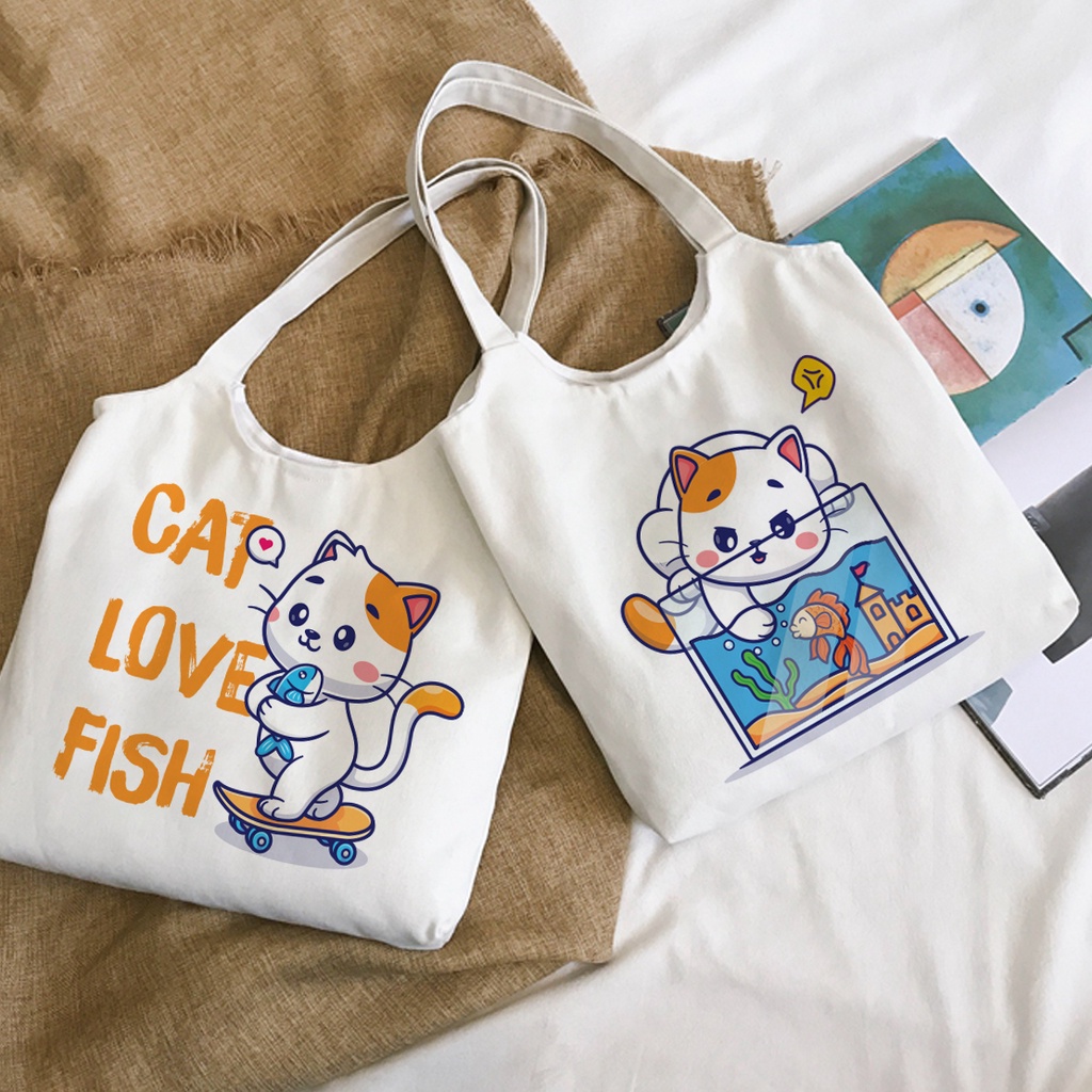 Túi tote vải bố canvas mềm Mèo Maneki cute quai tròn có khóa kéo miệng túi phong cách ulzzang Hàn Quốc