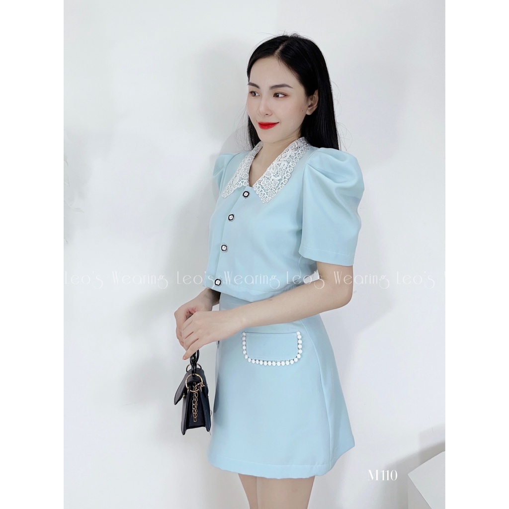 Set váy dáng ngắn chân váy chữ A mix áo sơ mi croptop cổ viền ren LEOSWEARING M109 M110