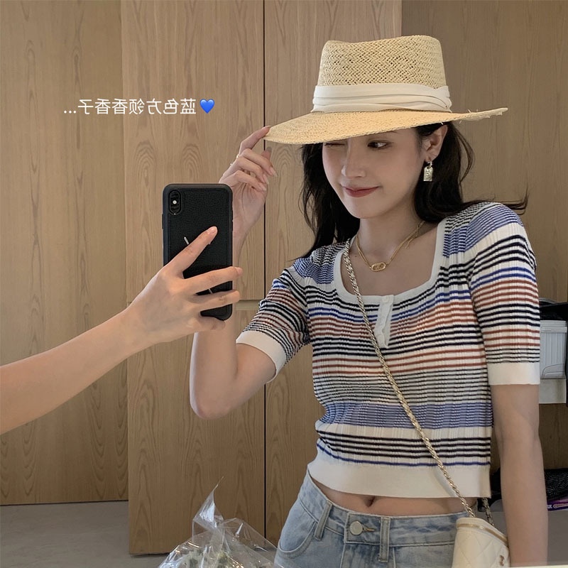 V-neck short sleeve T-shirt women's summer Xiao public base shirt STRIPE TOP 2021 new short loose student wear