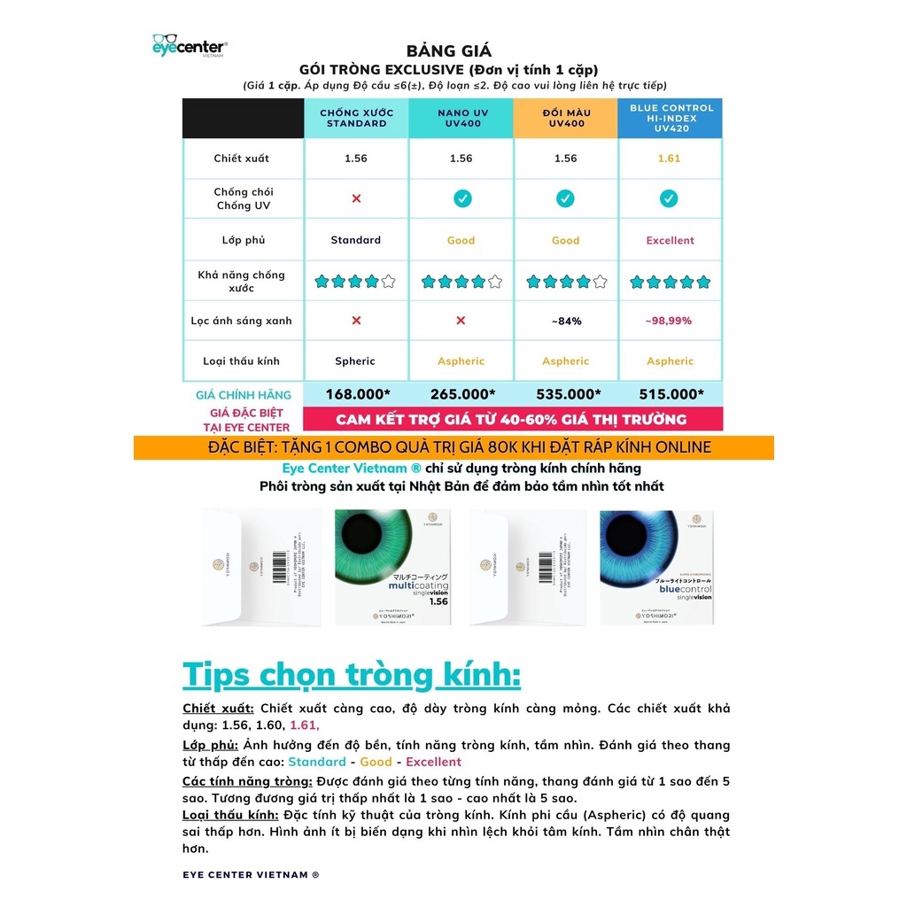 Tròng mắt cận loạn Eye Center Vietnam phôi tròng Nhật Bản chống xước chống UV ngăn ánh sáng xanh đổi màu đi nắng