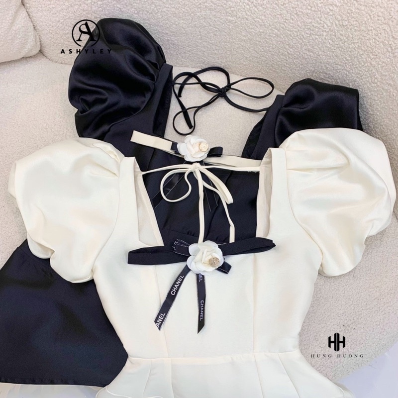 Váy tafta xoè tay bồng kèm hoa