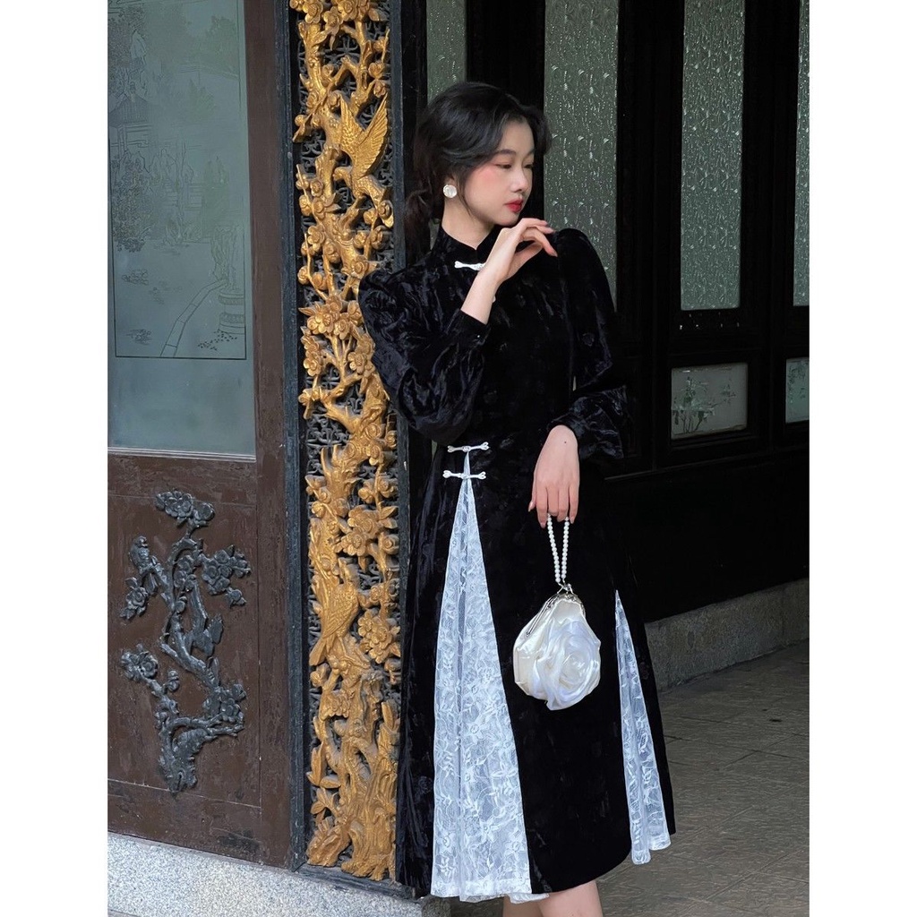 ❐ 【Gửi hàng từ Trung Quốc】2022 mới cổ luật cung điện phong cách quốc gia mới phong cách cổ điển váy nhung nữ khâu ren đe