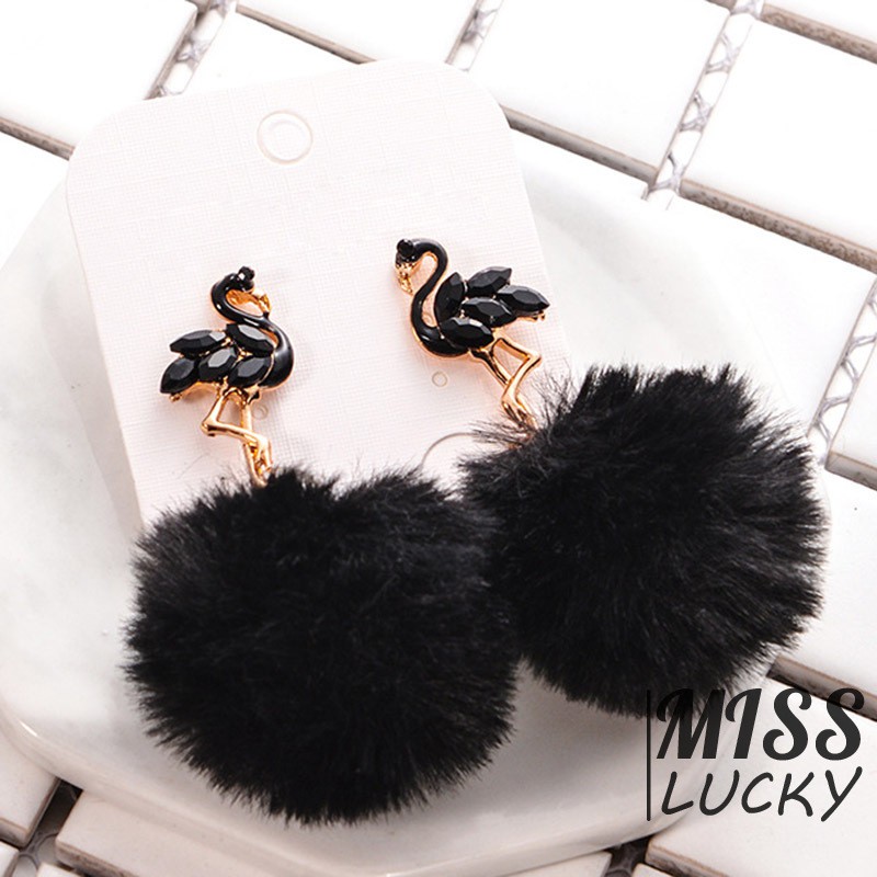 ❤HHN-VN Women Drop Earrings Cute Flamingo Pompon Animal Fake Fur Ball Lady Dangle Earring Jewelry Ac
