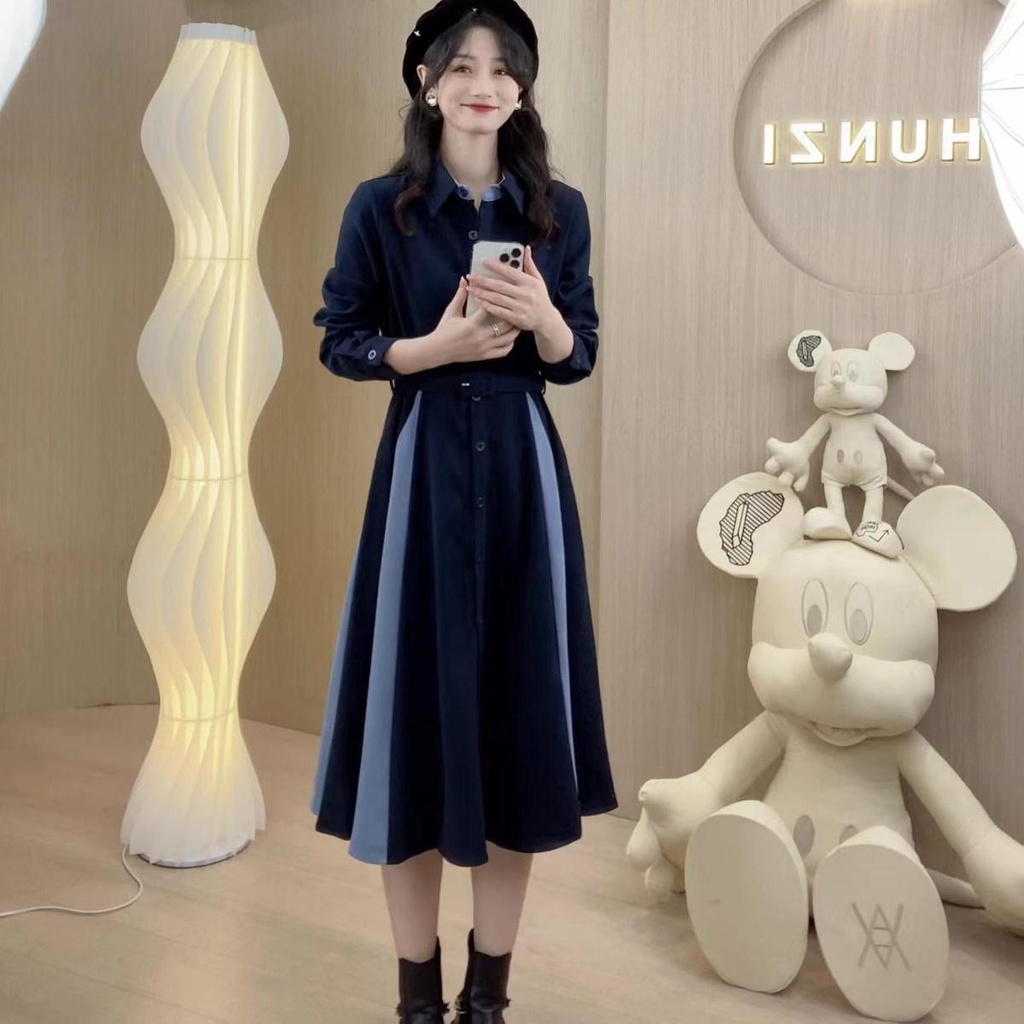 Minority design spelling waist shirt dress 2022 autumn and winter knee-length skirt light extravagant waist skirt