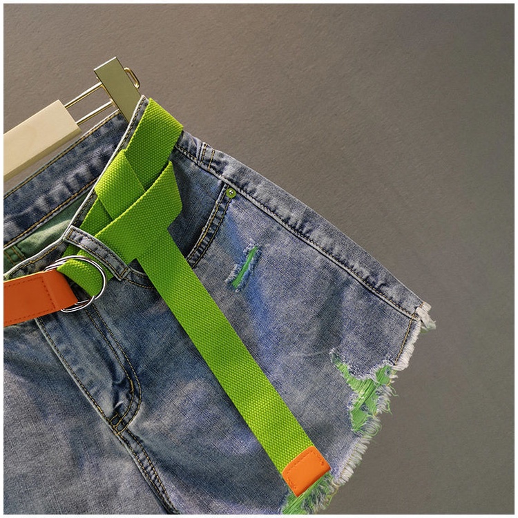 Quần denim ngắn lưng cao phối rách cỡ lớn có thắt lưng thời trang cho nữ 44410