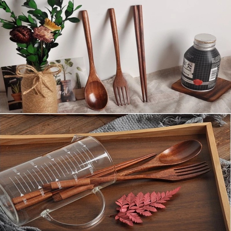 Bộ 3 Món Muỗng Đũa Nĩa Bằng Gỗ Tự Nhiên Tay Cầm Dài