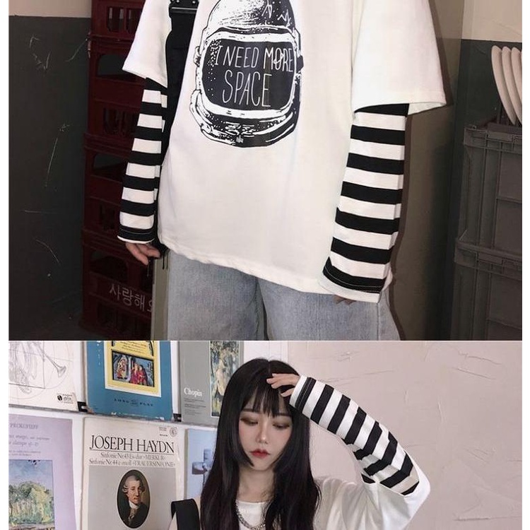 Áo Thun Giả Hai Lớp Tay Dài Dáng Rộng Họa Tiết Kẻ Sọc Thời Trang Xuân Thu Có Size Lớn 150Kg Cho Nữ 240 Phút