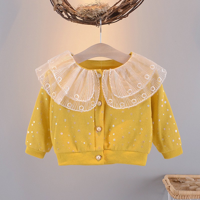Áo khoác bé gái size 6-16kg họa tiết chấm bi phối cổ ren điệu đà  AK25