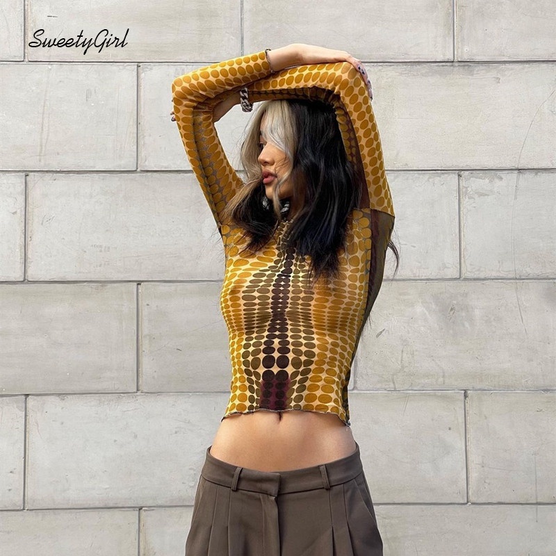 Áo croptop tay dài cổ tròn dáng ôm in họa tiết hình học thời trang cho nữ