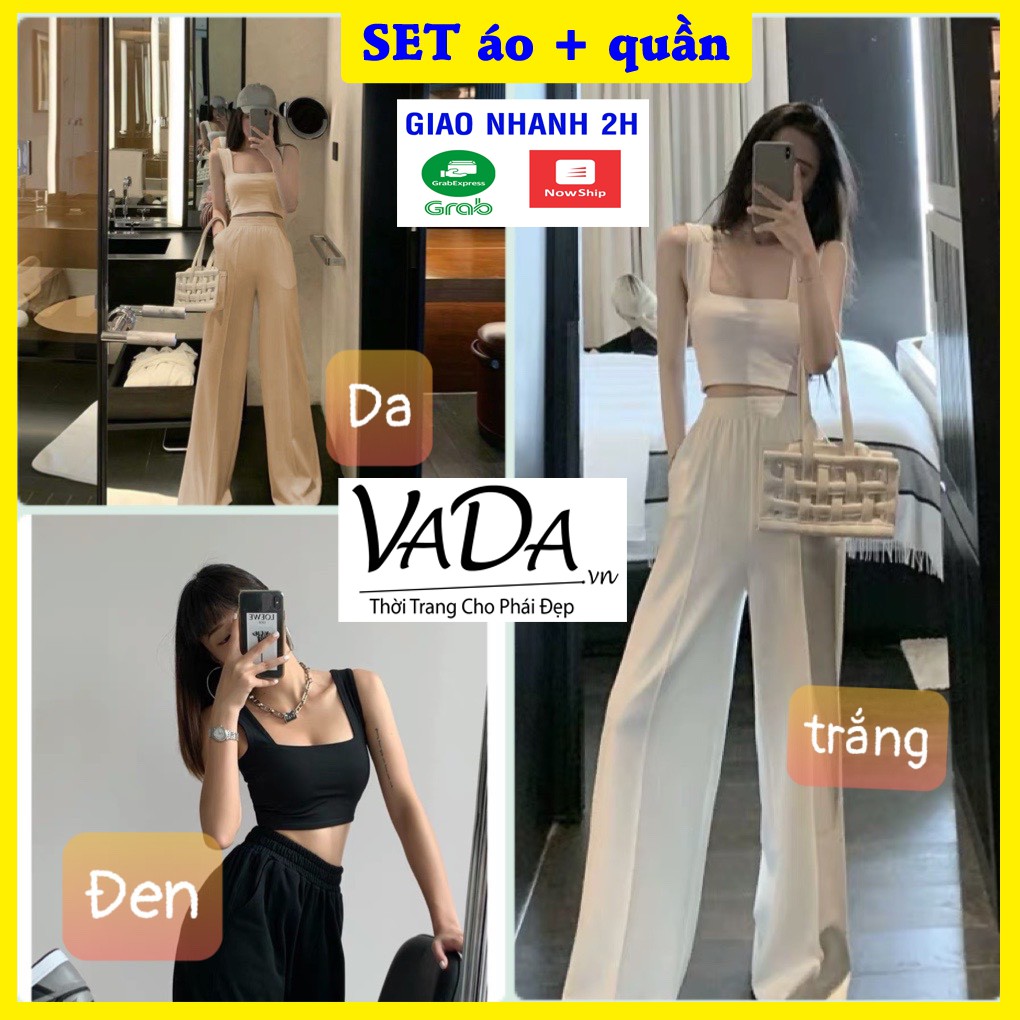 Set quần ống suông đẹp + áo crotop siêu xinh 2021 màu trắng, đen, da - Thời trang VADA - S98