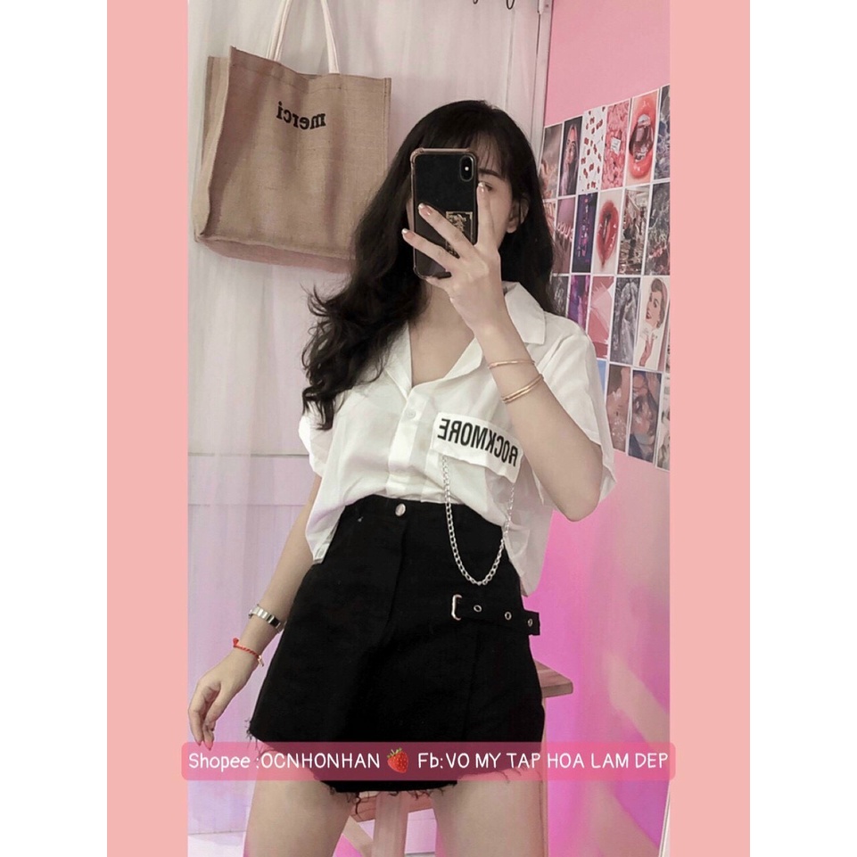 Áo sơ mi , áo croptop in chữ bên túi phối dây xích cực hot , chất kate lụa mềm mịn mát