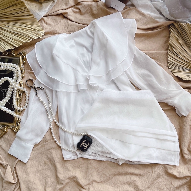 SET Áo voan tơ cổ bèo tầng tay phồng kèm Chân váy lót ren trắng/đen NÀNG CLOSET