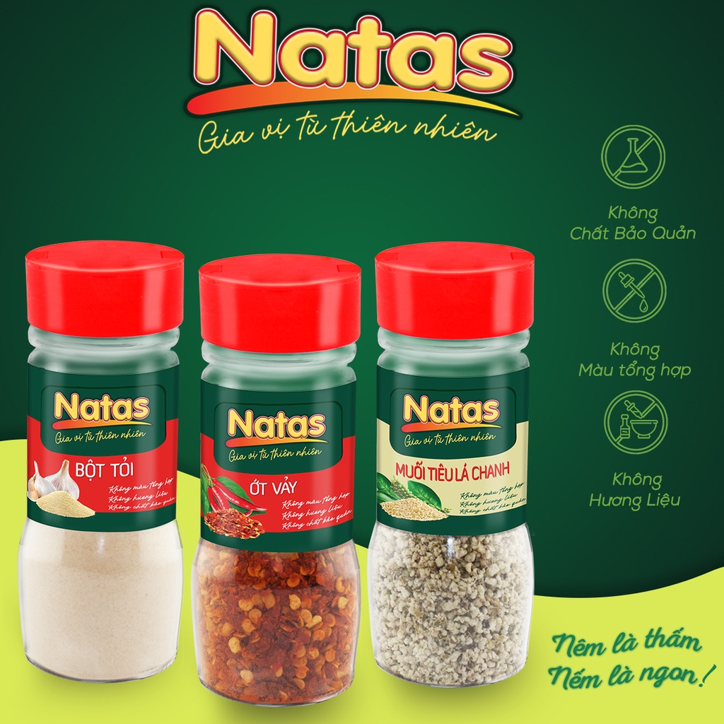 Combo gia vị ướp nướng hải sản Natas: Bột tỏi hũ 65g + Bột ớt hũ 45g + Muối sả ớt hũ 60g