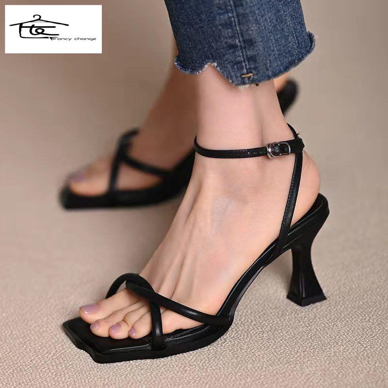 Giày Sandal Cao Gót Mũi Vuông Hở Ngón Đế Mềm Dày Dặn Bằng Da Thời Trang Dành Cho Nữ