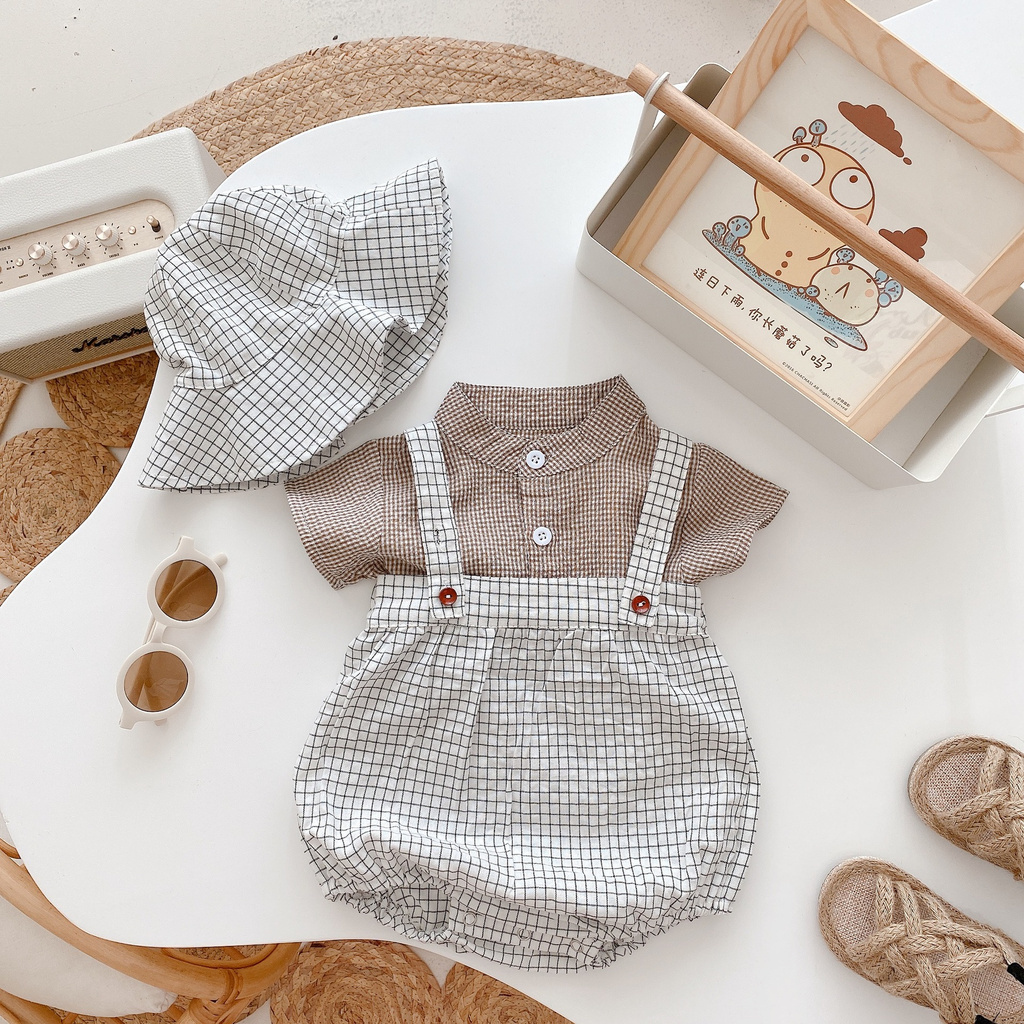 Set áo sơ mi mũ và quần yếm họa tiết kẻ sọc xinh xắn dành cho bé trai sơ sinh