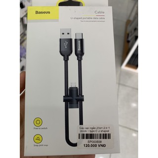 Cáp sạc ngắn 23cm 2 in 1 micro + type C U shaped