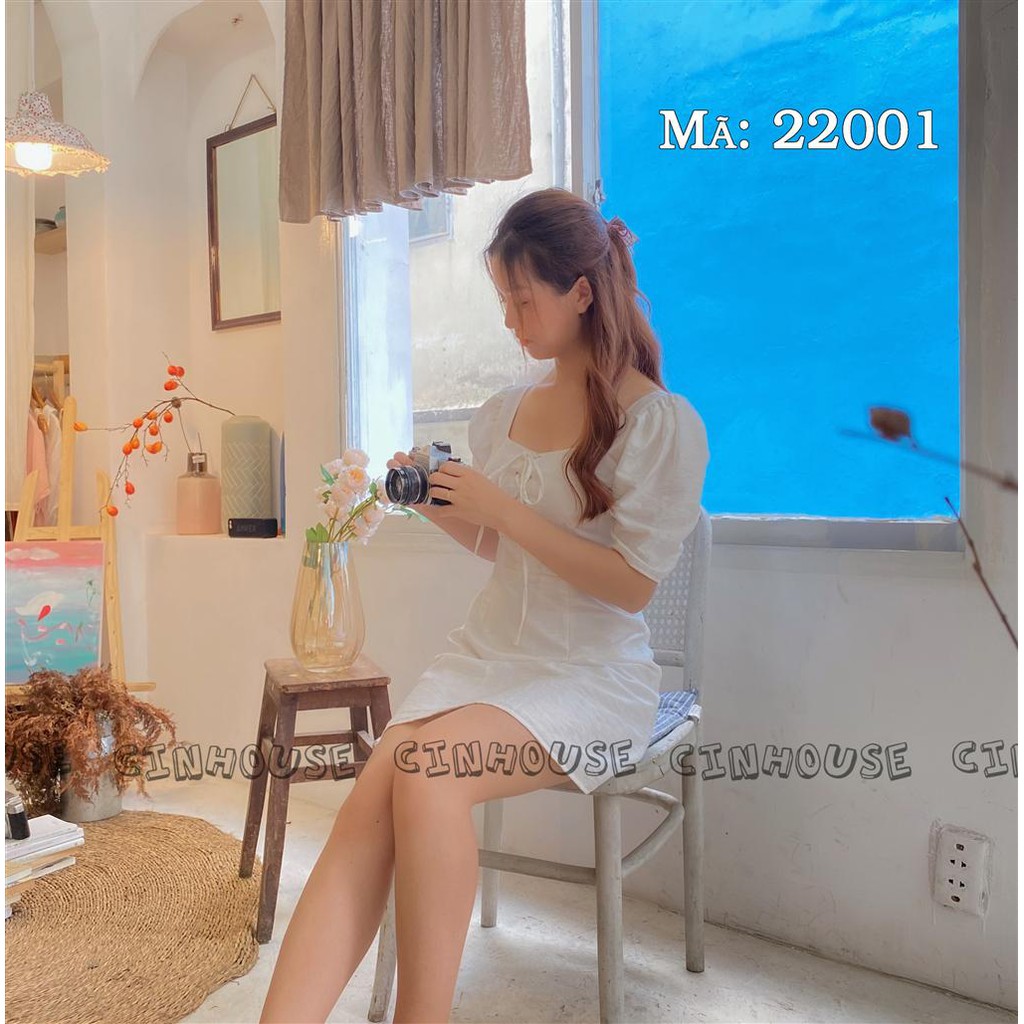 Đầm Cổ vuông dây đan ngực mắt cáo 22001