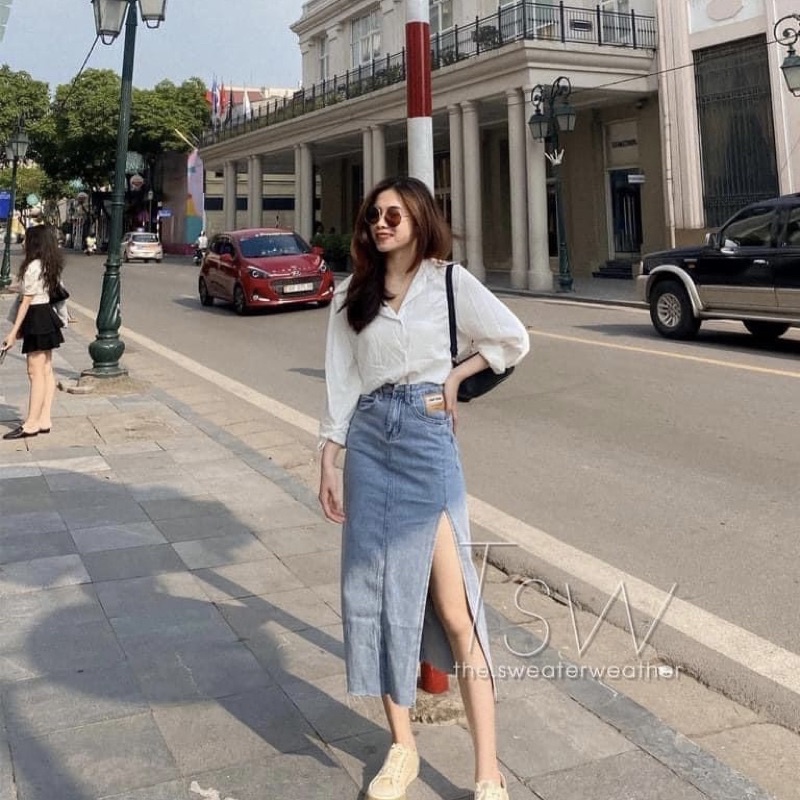 Chân váy jeans dáng dài bút chì Váy jean midi mác da xẻ tà