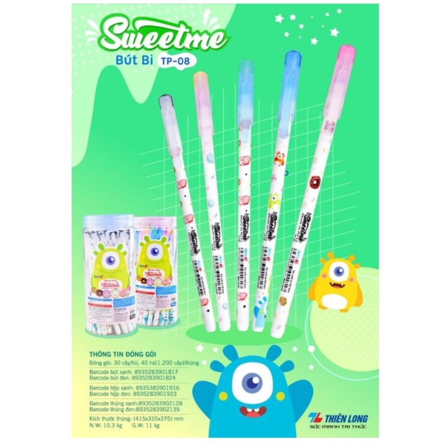 Bút bi Điểm 10 Sweetme TP-08 - Bút nến đùn THIÊN LONG chính hãng 0.6mm xanh đen