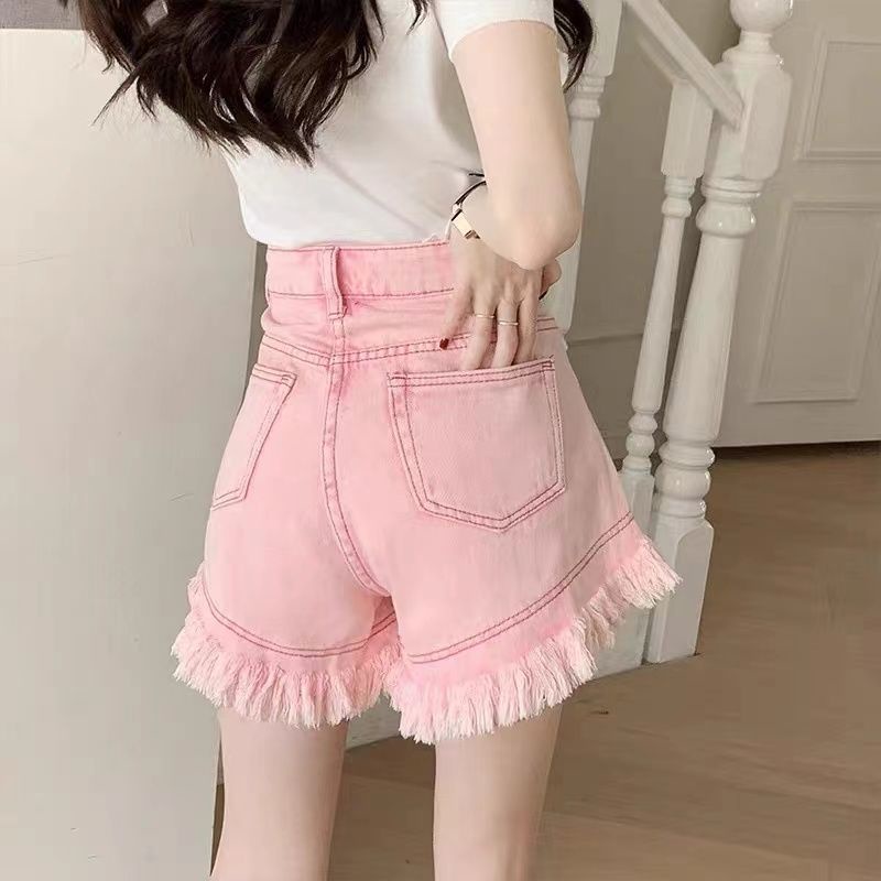 Quần short denim JSC lưng cao viền tua rua phong cách đường phố cho nữ
