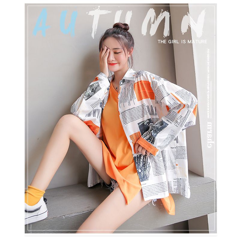 Áo sơ mi tay dài dáng rộng hoạ tiết hoạt hình thiết kế thanh lịch cho phái nữ