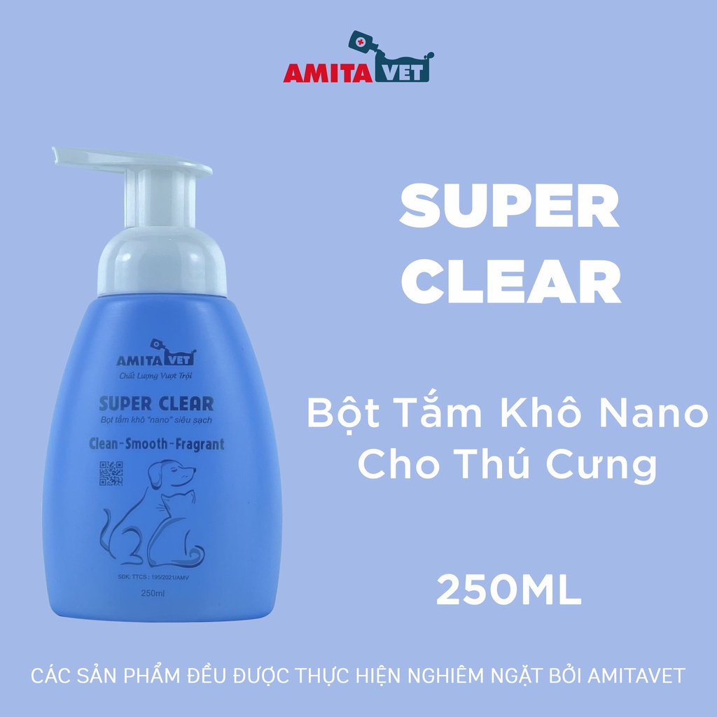 Sữa tắm khô cho chó mèo Super Clear Amitavet giúp dưỡng lông khử mùi làm sạch cơ thể thú cưng chai 250ml