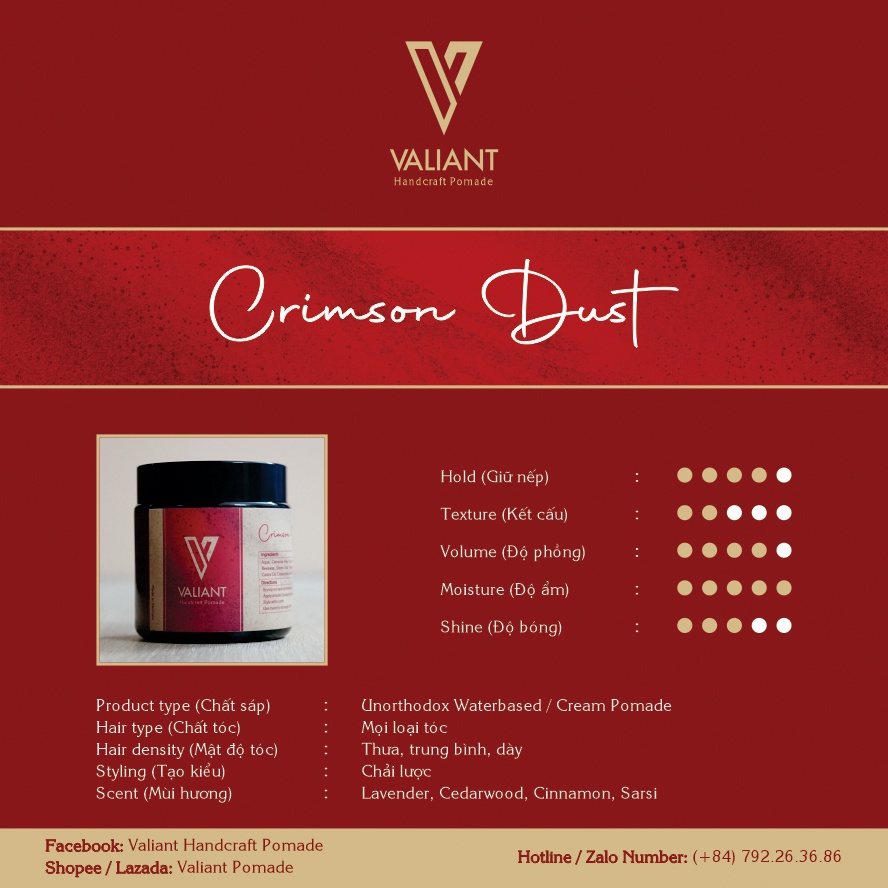 Sáp vuốt tóc Valiant - Crimson Dust - Cream Pomade - 113g