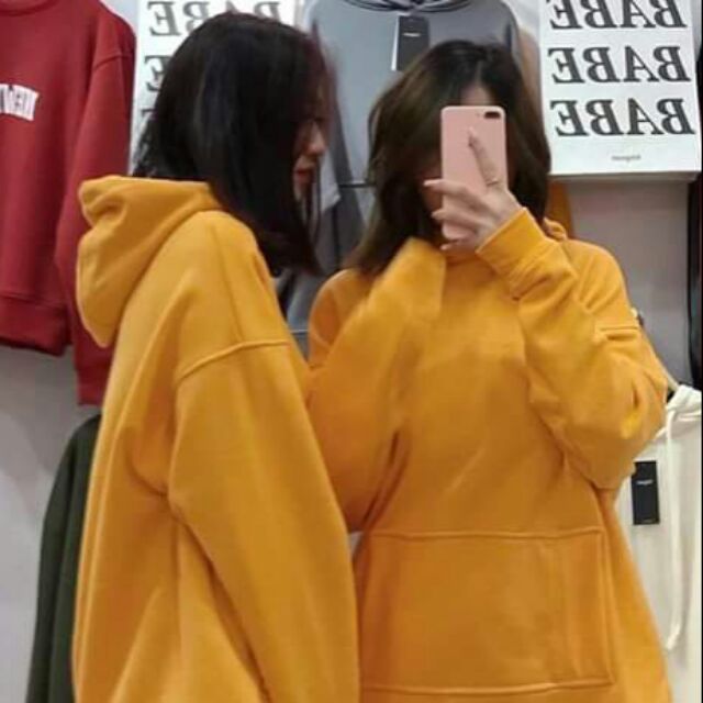 Áo hoodie trơn tay dài nỉ basic unisex màu vàng