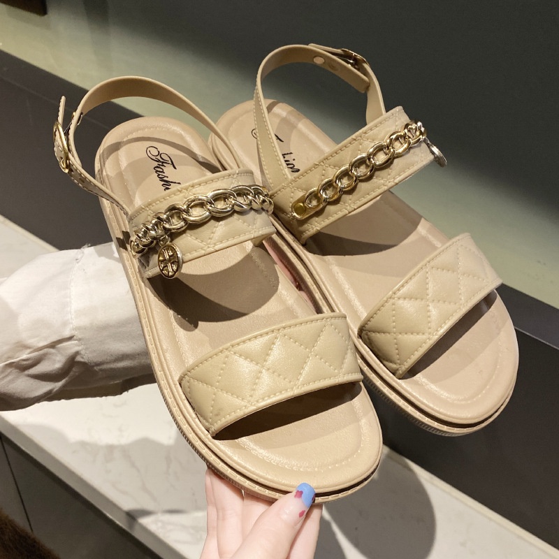 Giày sandal nữ 2 quai ngang đế bằng học sinh hàn quốc thời trang dạo phố phối xích Thegioigiay V310