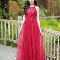 (free chỉnh sửa váy) đầm dạ hội lưới đỏ đô cổ yếm váy xòe