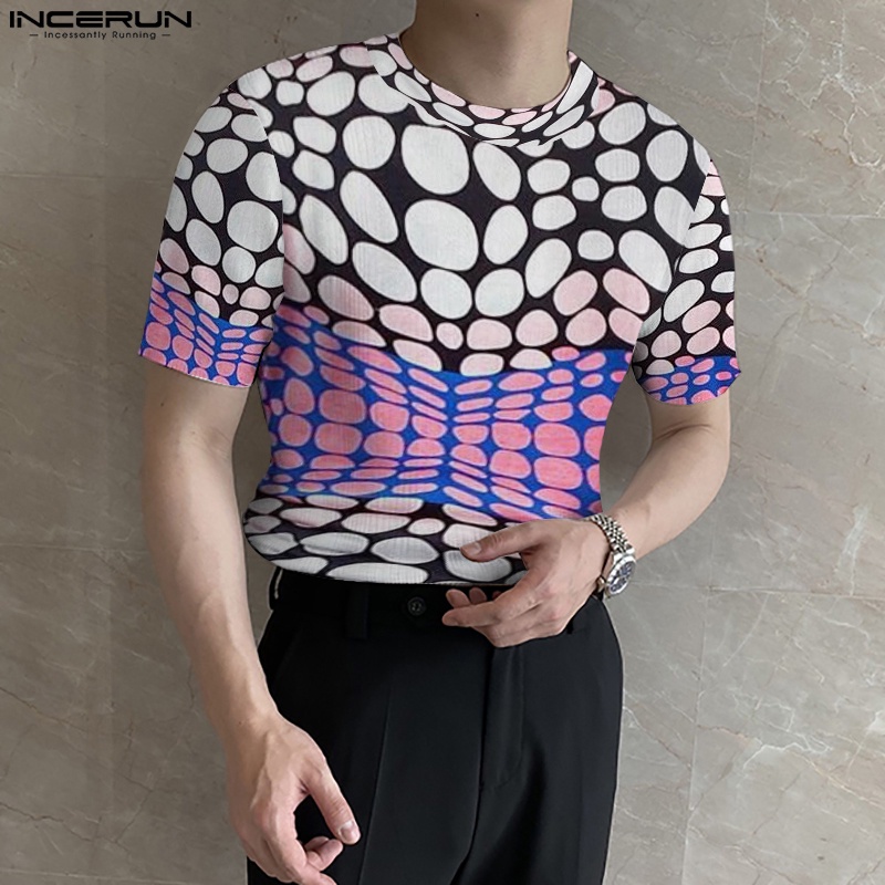 Áo thun INCERUN tay ngắn cổ tròn họa tiết chấm bi phong cách phương Tây thời trang mùa hè cho nam