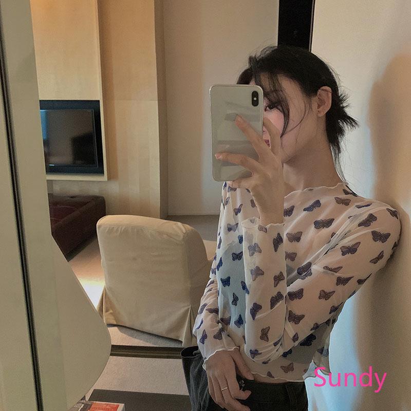 Áo Thun Croptop Tay Dài In Hình Bướm Xinh Xắn Gợi Cảm Cho Nữ