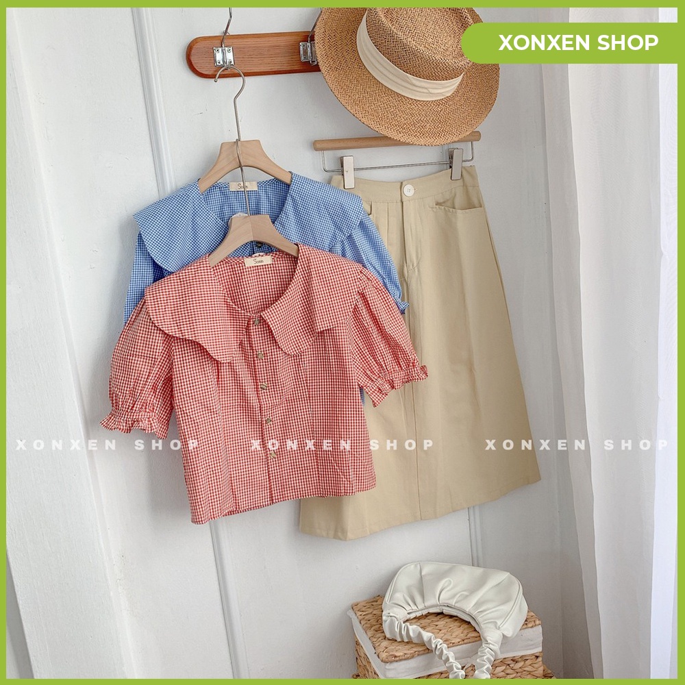 Áo kiểu caro cổ bèo lên form chuẩn chất vải mền mịn XONXEN SHOP QUẢNG NGÃI freesize mã 76 | BigBuy360 - bigbuy360.vn
