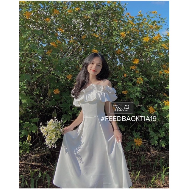 Váy trắng đệm trễ vai bèo Tia19 . Đầm rớt vai dự tiệc dáng xoè ( Ảnh thật) | BigBuy360 - bigbuy360.vn