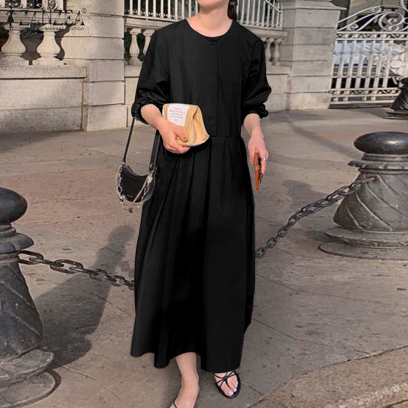 Đầm maxi Zanzea tay dài cài nút màu trơn thời trang cho nữ