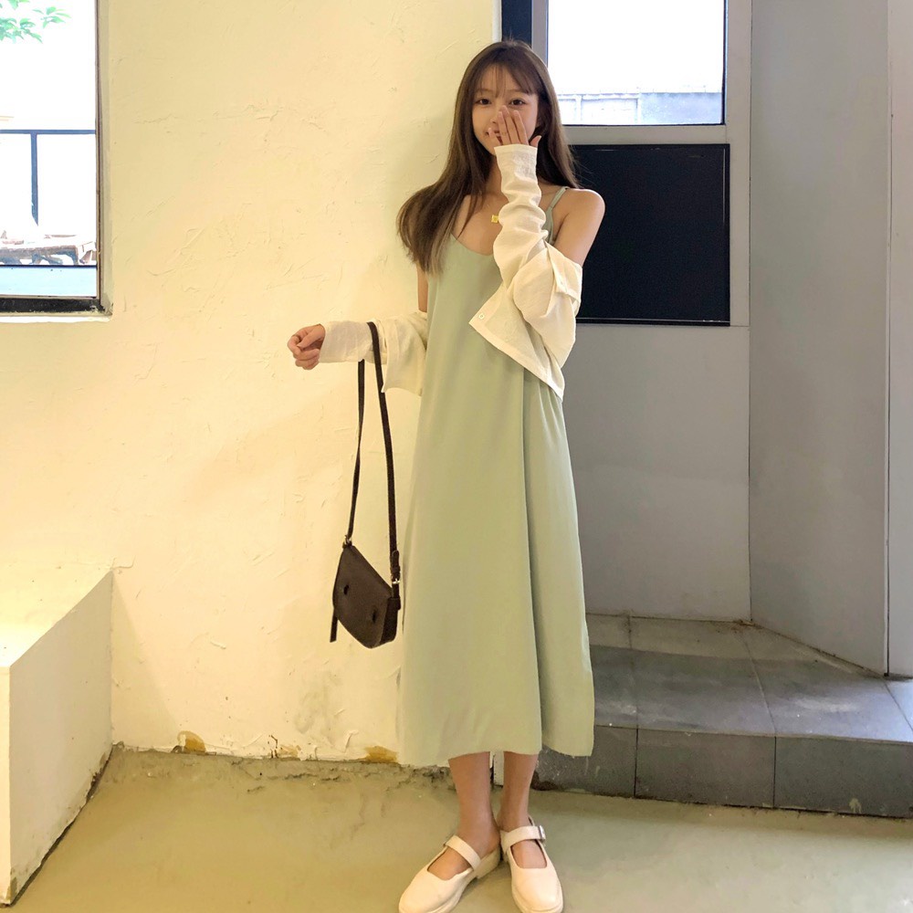 Váy đầm dáng dài vintage 2 dây suông VH902, mẫu váy 2 dây qua gối mặc trong áo sơ mi hoặc mặc đi chơi đi biển