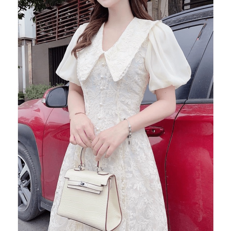 (Mẫu Mới) Mẫu HOT-- Đầm Ren Cổ Sen Tay Ngắn Dáng Nhẹ Nhàng Cực Sang Chảnh UP h.h.p