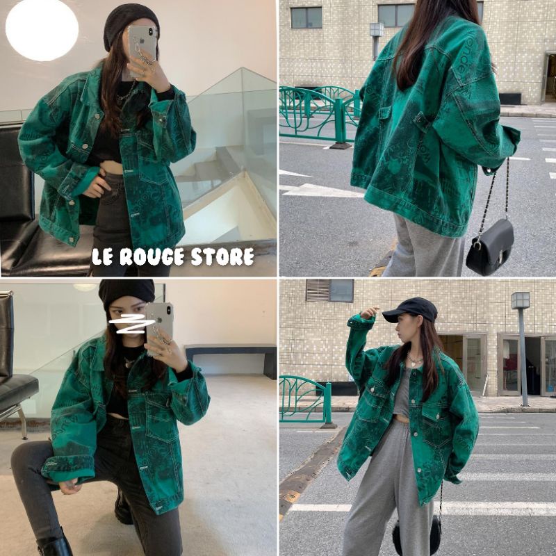 (Có sẵn) Áo khoác nữ kaki họa tiết chìm màu xanh cổ vịt hot trend phong cách old school
