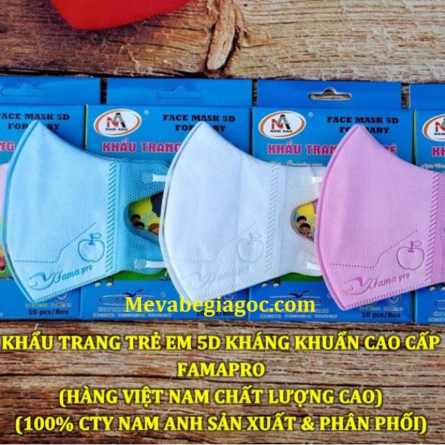 (Made in Vietnam) Hộp 10 khẩu trang trẻ em 5D kháng khuẩn cao cấp Famapro (Cty Nam Anh) (Cho Bé từ 4 tháng đến 4 tuổi)