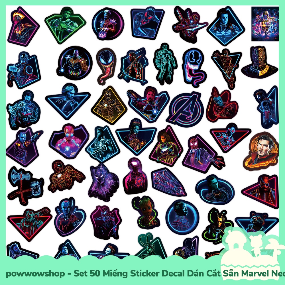 [Sẵn VN - Hỏa Tốc] Set 50 Miếng Sticker Decal Cắt Sẵn DIY Dán Trang Trí Vật Dụng Mẫu Marvel Superheroes Neon Style Stage