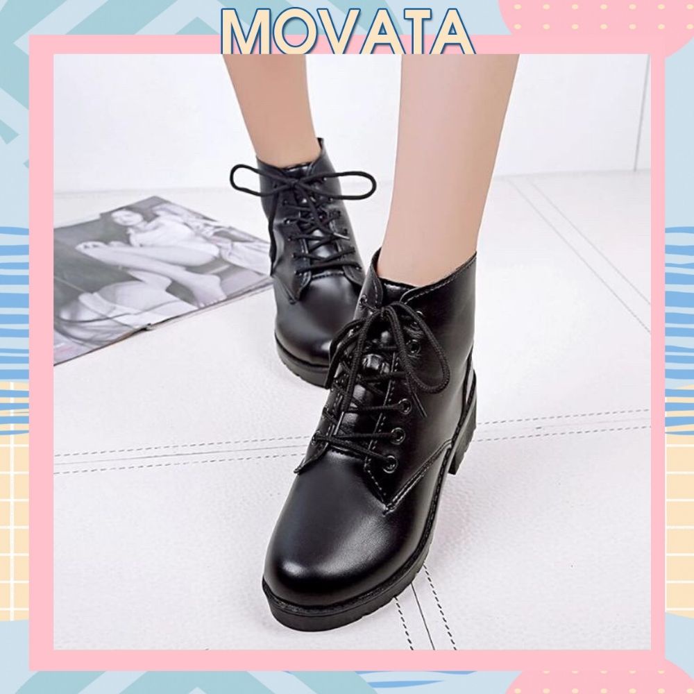 Giày nữ Movata boot da bóng cao cấp đế 5p buộc dây xinh xắn BT2