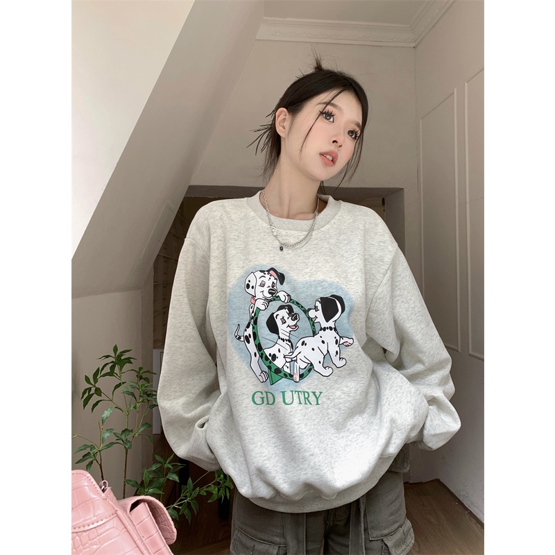 Áo Nỉ Dài Tay Cổ Tròn Form Rộng In Hình Cún Phong Cách Retro