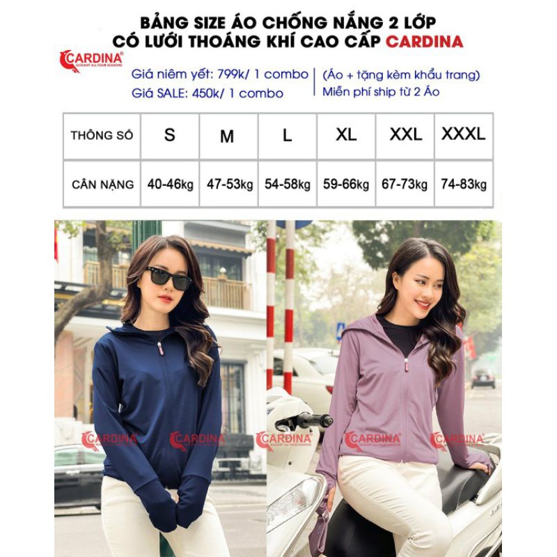 Áo chống nắng nữ Cardina 2 lớp xuất Nhật, áo choàng nữ vải thun lạnh cao cấp, chống tia UV có cả big size tongkhovnxk1 | BigBuy360 - bigbuy360.vn