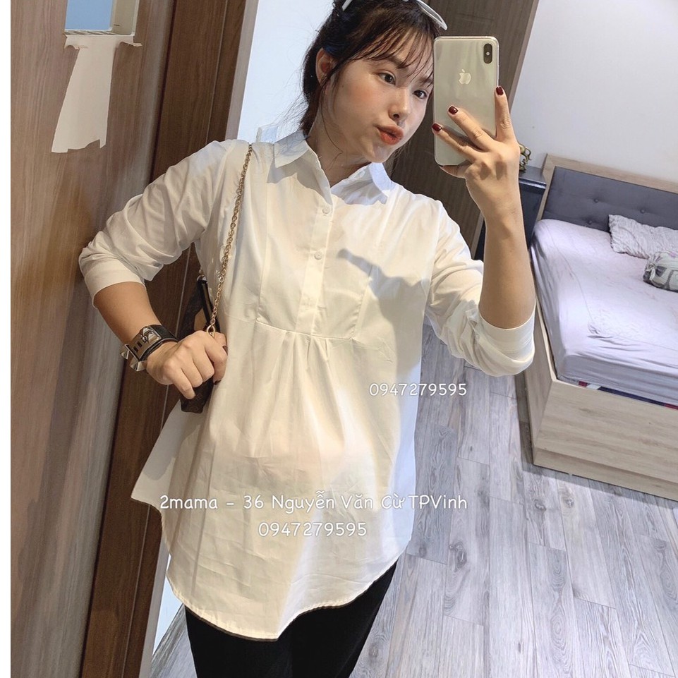 [Mã 11FASHIONSALE1 giảm 10K đơn 50K] Áo Sơ mi bầu, màu trắng Dài Tay, Cộc Tay