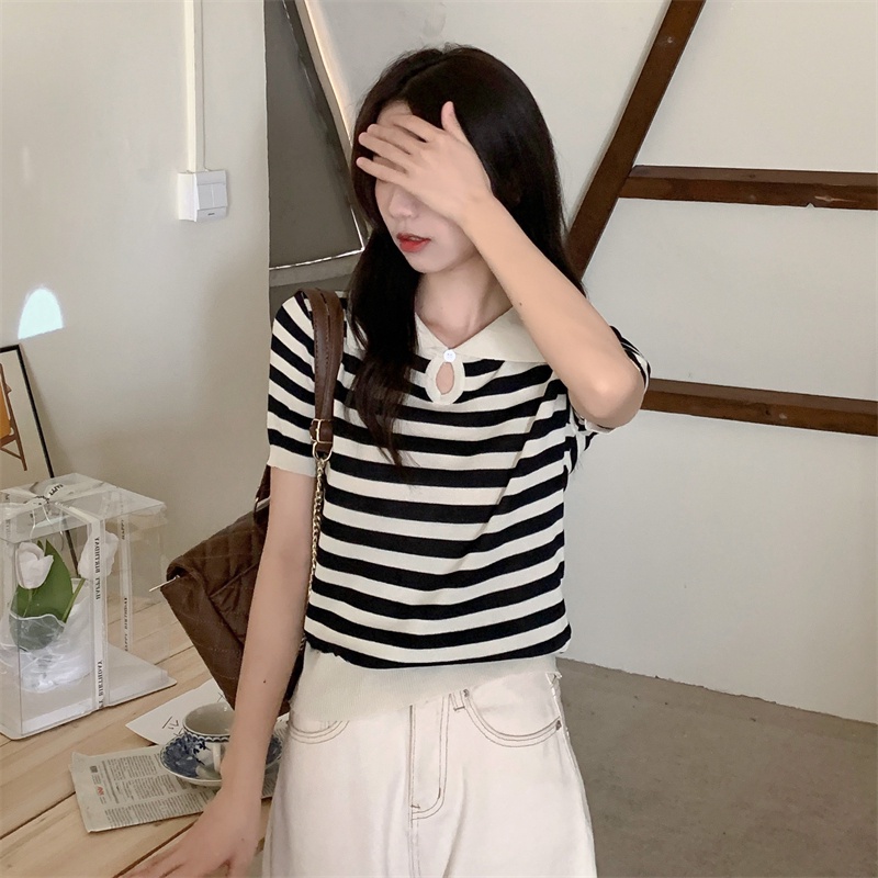 Áo Thun POLO Dệt Kim Ngắn Tay Họa Tiết Kẻ Sọc Thời Trang