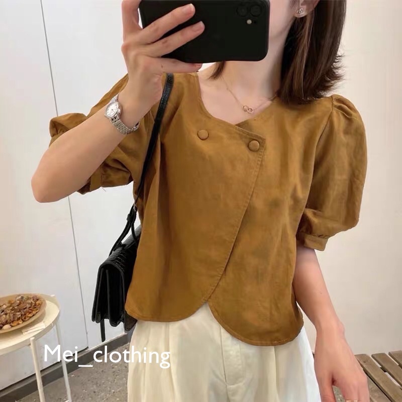 [Ảnh thật/video] Áo croptop kiểu vạt chéo lạ mắt/ croptop cổ tròn tay bồng độc lạ