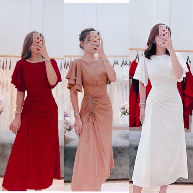ĐẦM CỔ THUYỀN NHÚN THÂN TRẮNG/NUDE/ĐỎ