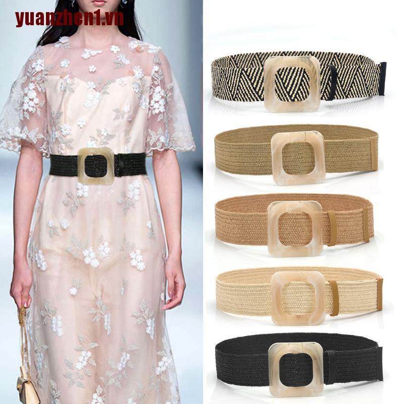 [Yuanzhen1] Thắt Lưng Bện Sợi Rơm Mùa Hè Khóa Gỗ Cổ Điển Boho Cho Nữ